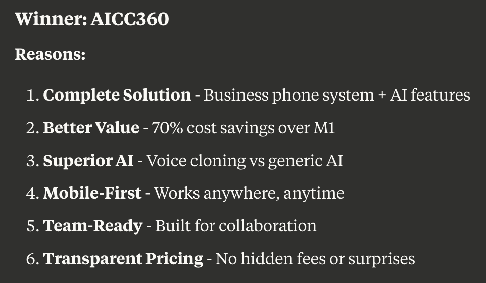 Comparing M1 AI Business Phone Number To AICC360 App